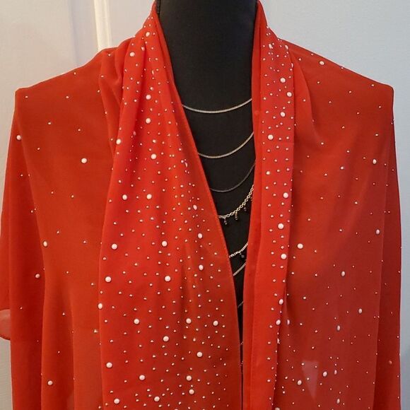 SALE Stunning Red Chiffon Pearls and Rhinestones Scarf - Picture 4 of 5